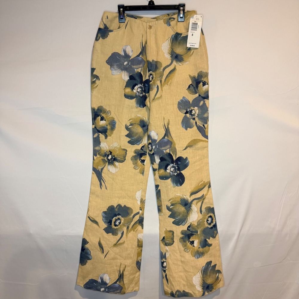Peter Nygard Floral Linen Blend Wide Leg Pants Tan Blue Yellow Size 8 NWT
